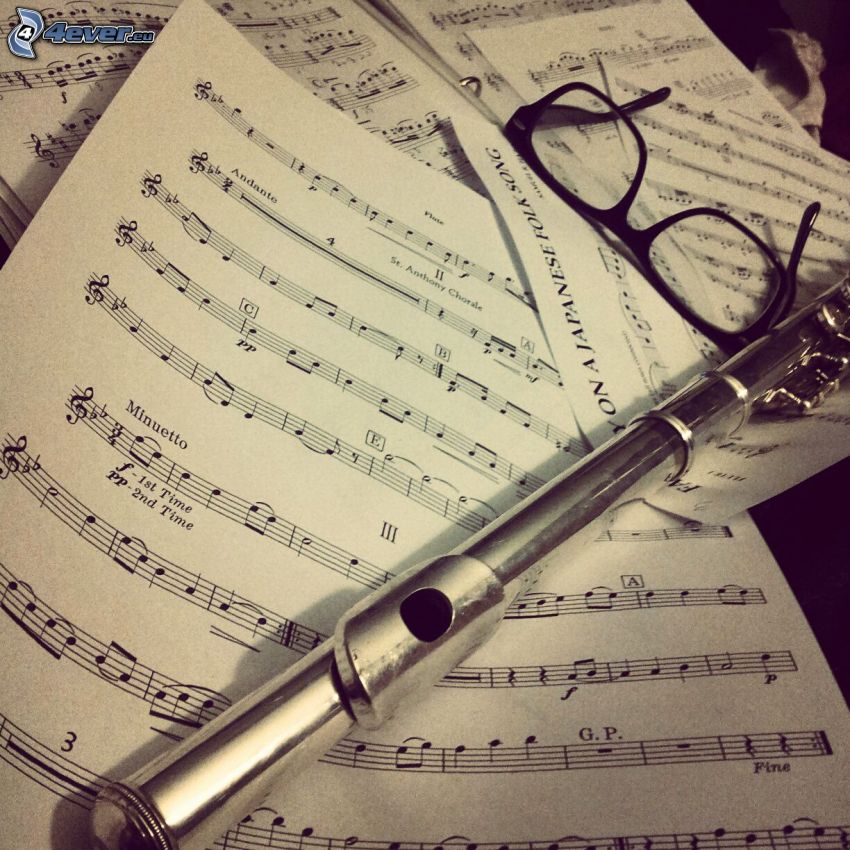 flauta, notas de música, gafas
