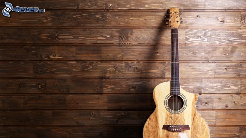guitarra, pared de madera