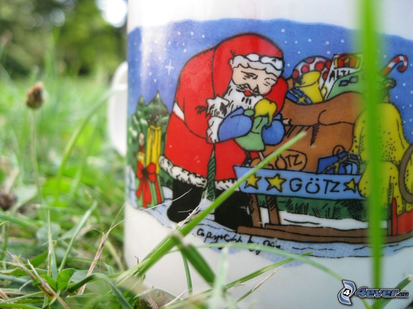 Papá Noel, navidad, taza, hierba