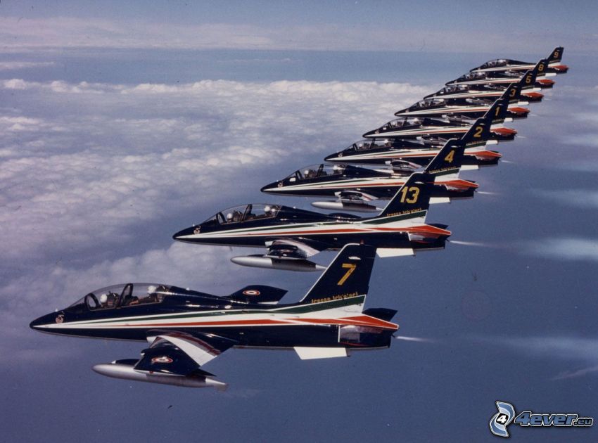formación, aviones de caza, encima de las nubes