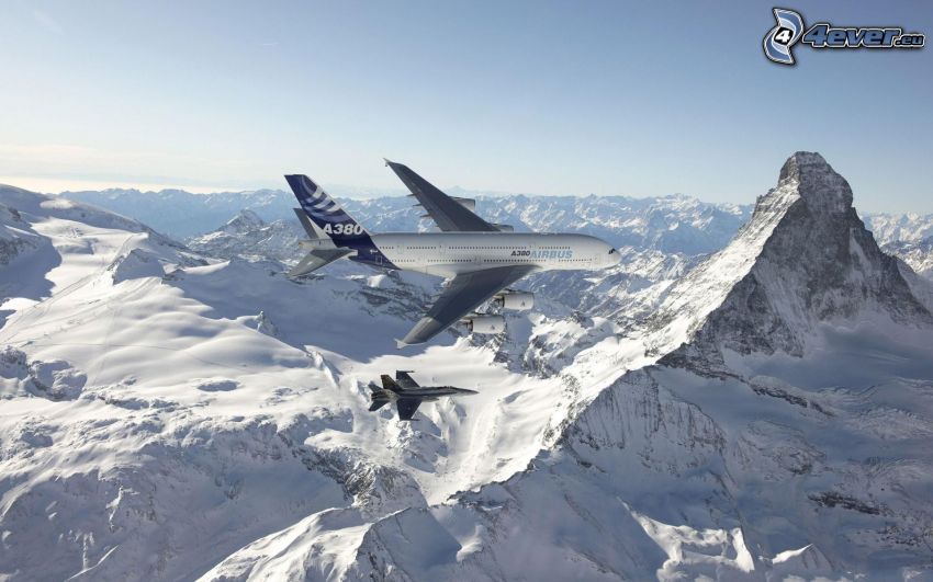 Airbus A380, F/A-18 Hornet, Matterhorn, montañas nevadas
