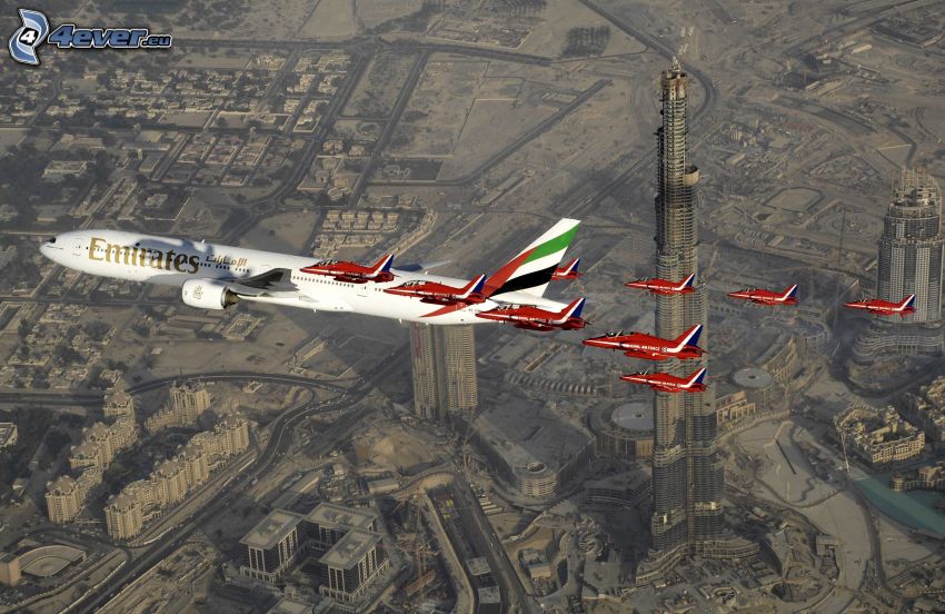 aviones, vista aérea, Dubái, Burj Khalifa