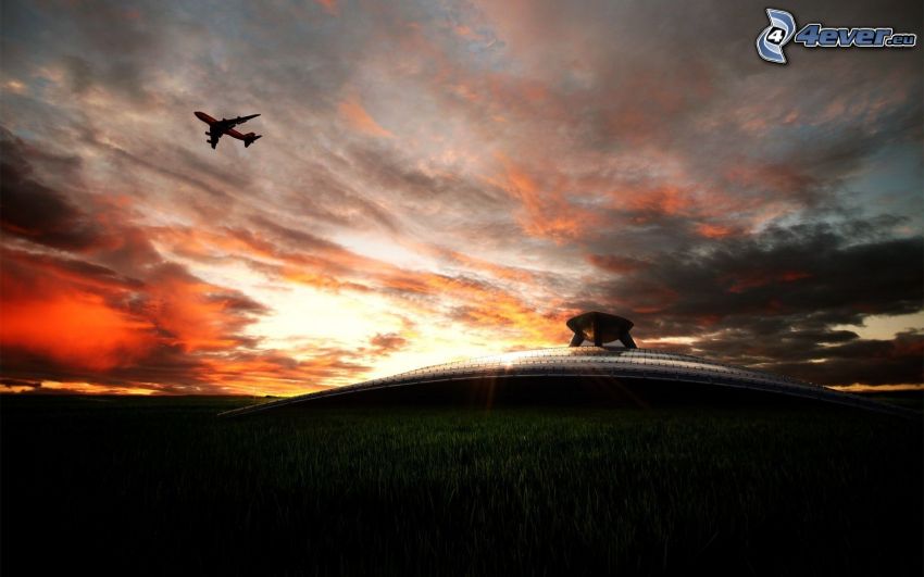 silueta de la aeronave, después de la puesta del sol