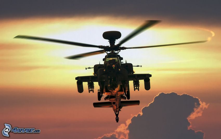 AH-64 Apache, silueta del helicóptero, nubes