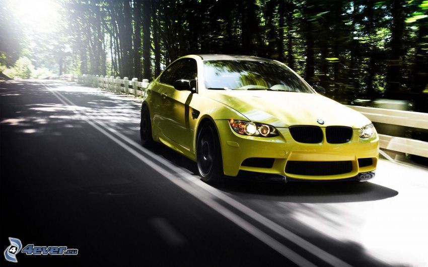 BMW M3, camino por el bosque, rayos de sol