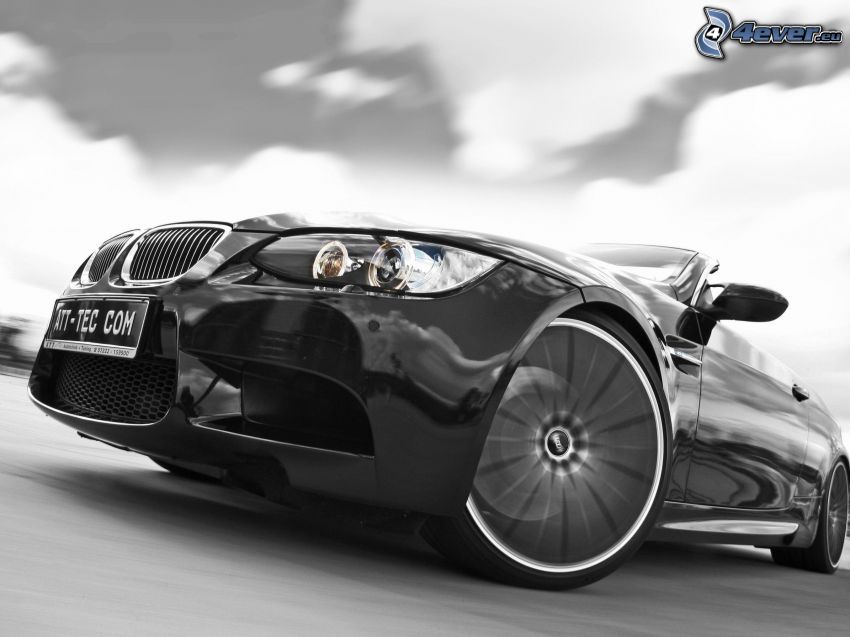 BMW M3, delantera de coche, reflector, rueda, disco, blanco y negro