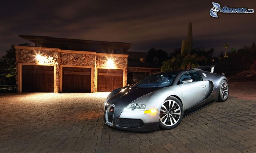 Bugatti Veyron, noche, iluminación, pavimento