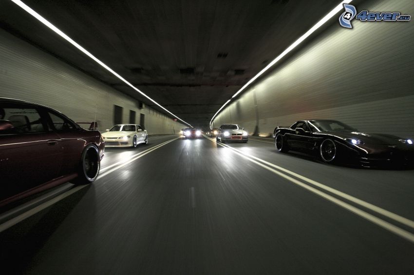 coches, acelerar, túnel, luces