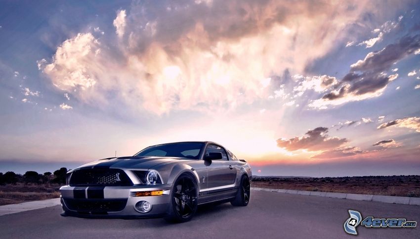 Ford Mustang, cielo, nubes, puesta del sol