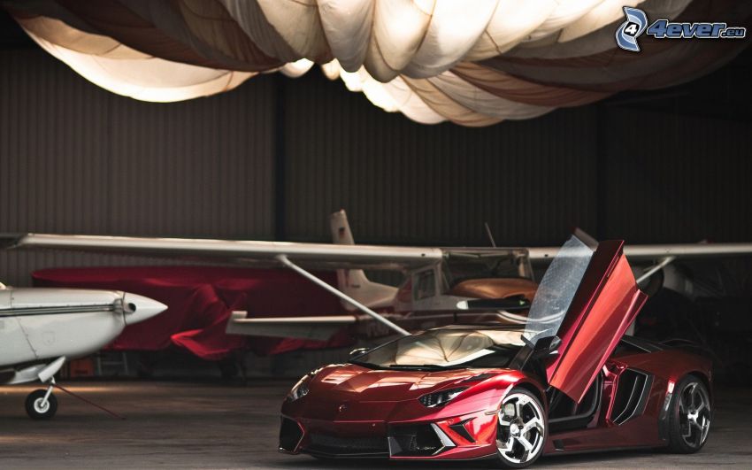 Lamborghini Aventador, puerta, aviones, hangar