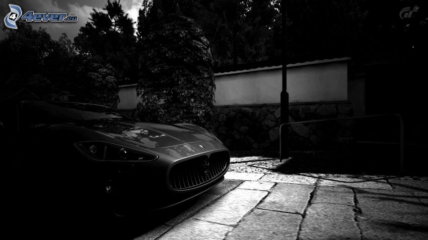Maserati GranCabrio, delantera de coche, pavimento, blanco y negro