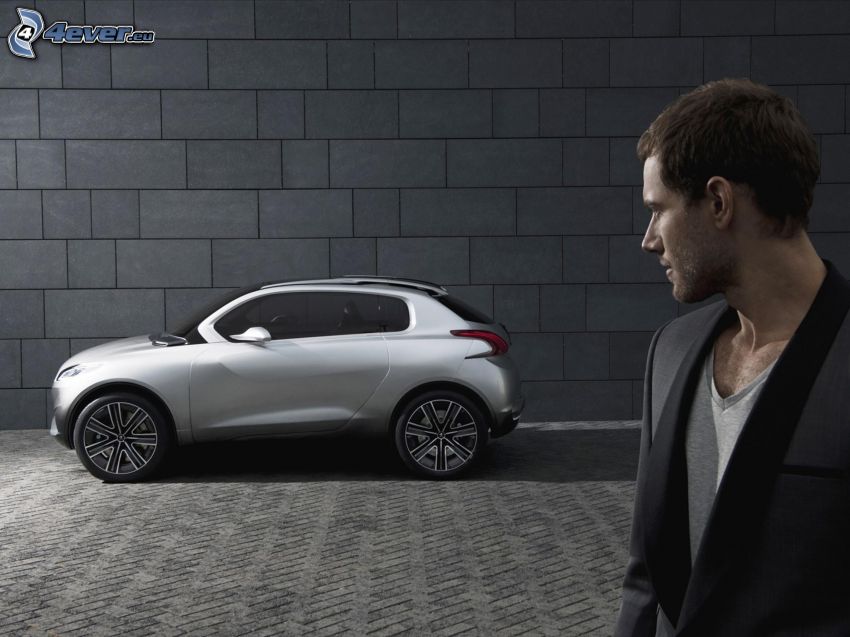 Peugeot, concepto, hombre, pared, pavimento