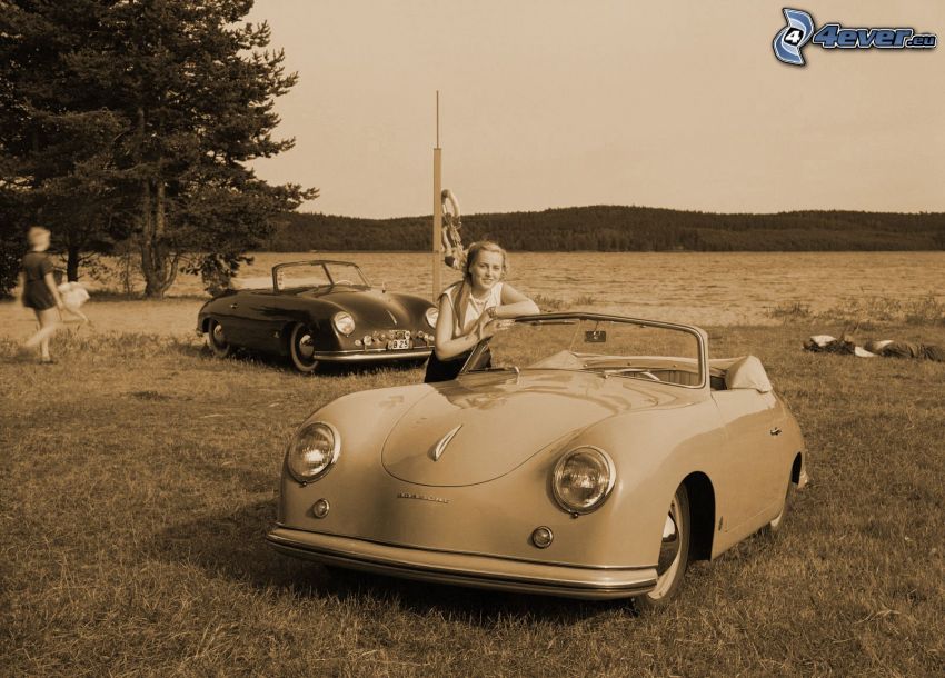 Porsche 356, veterano, descapotable, mujer, foto vieja