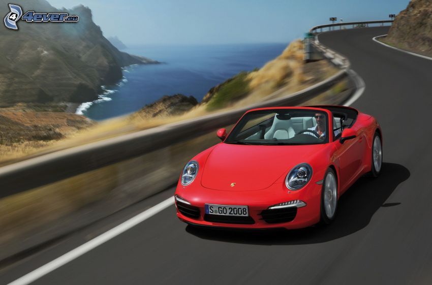 Porsche 911 Carrera S, descapotable, acelerar, camino, mar
