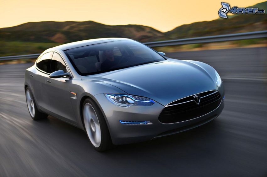 Tesla Model S, concepto, coche eléctrico, camino, acelerar