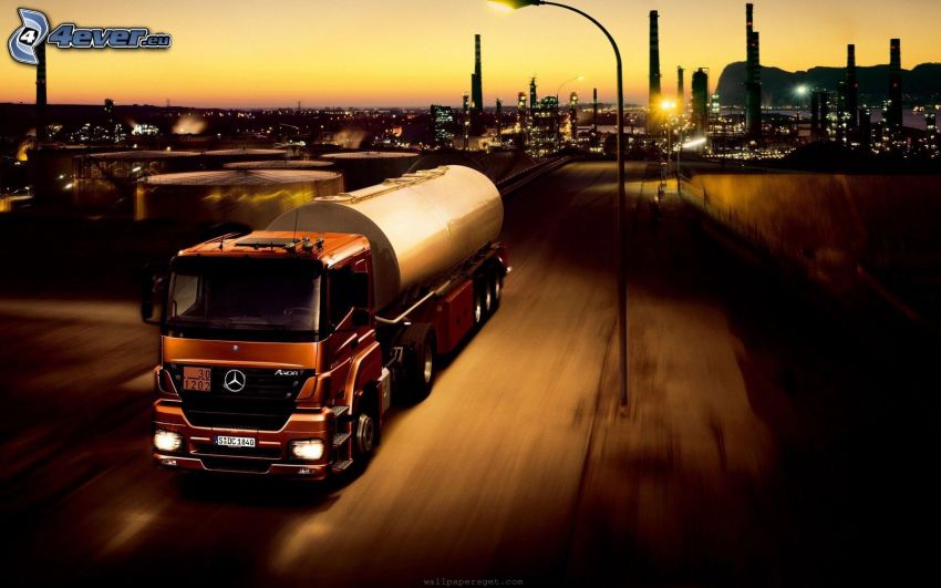 Mercedes-Benz, camión, acelerar, ciudad, amanecer
