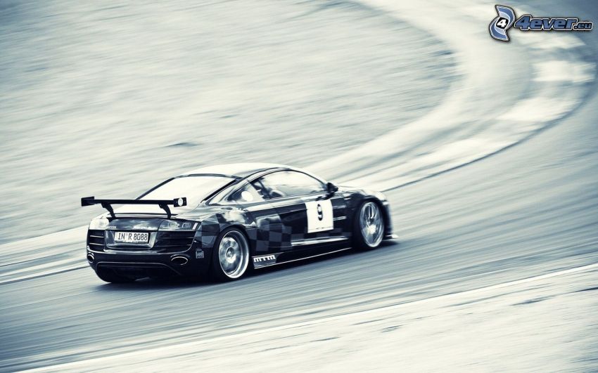 Audi R8, coche de carreras, acelerar, carreras en circuito, curva