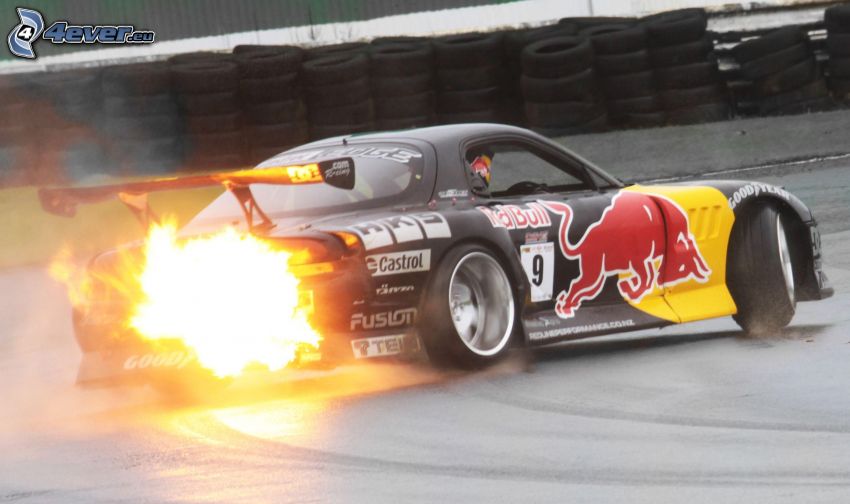 Mazda RX7, drift, fuego