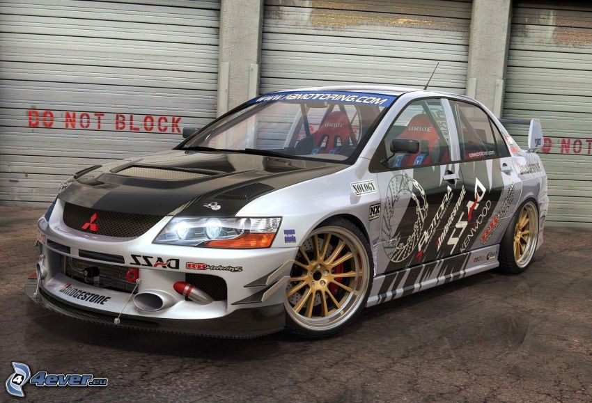 Mitsubishi Lancer Evolution, coche de carreras, garaje