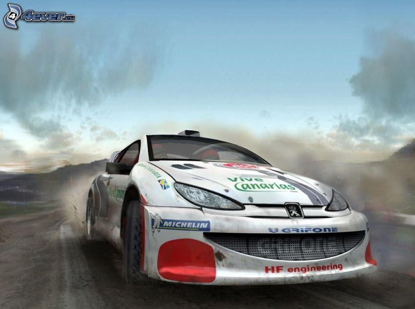 Peugeot, coche de carreras, acelerar, humo
