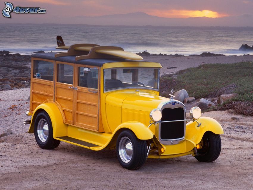Ford Woody, veterano, playa, mar, después de la puesta del sol