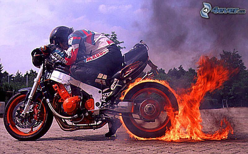 burnout, motocicleta, fuego, motociclista