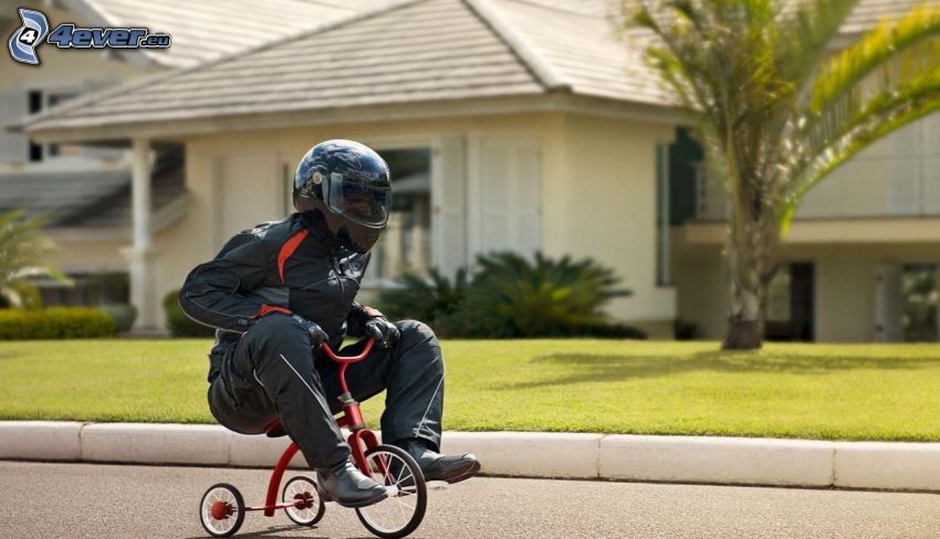 motociclista, triciclo, camino, casa