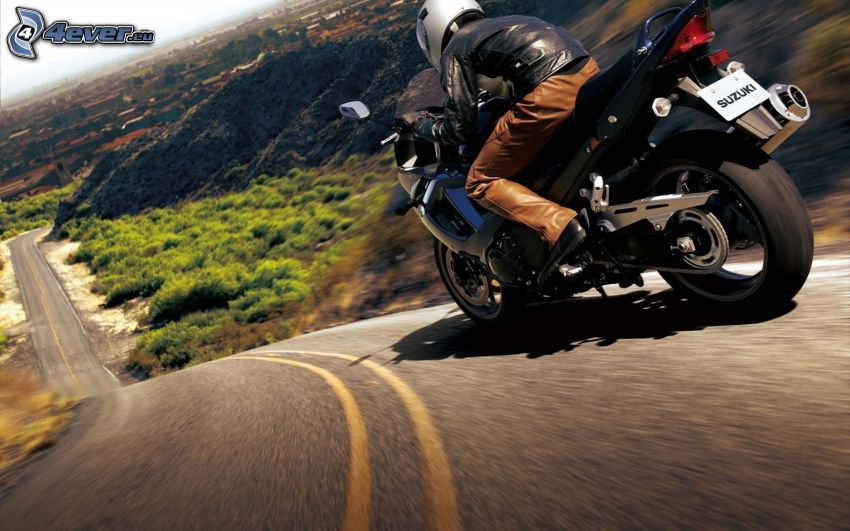 Suzuki GSX-R, motociclista, acelerar, camino, colina