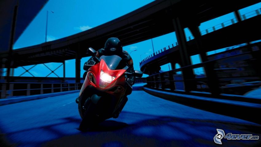 Suzuki Hayabusa, motociclista, acelerar, puente, cruce en autovía
