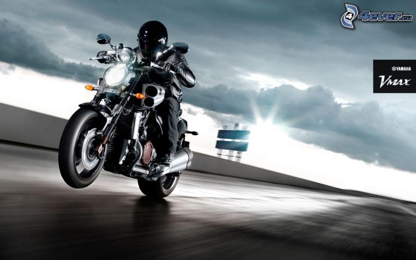 Yamaha, motociclista, acelerar, sol, nubes