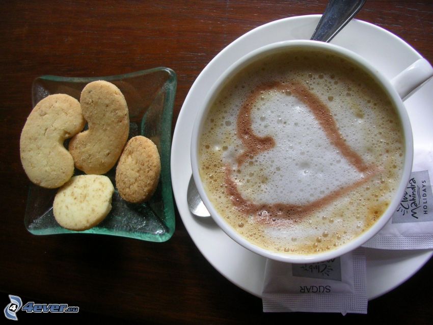 café, postre, corazón, latte art