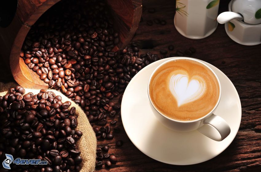 capuchino, espuma, corazón, granos de café