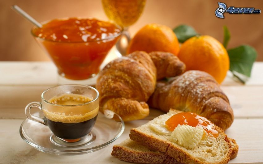 desayuno, croissant, café