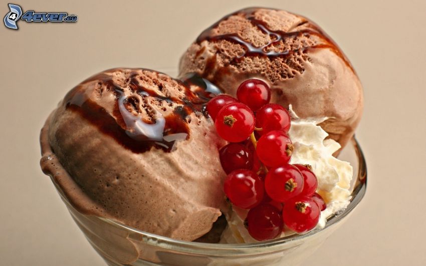 helado de chocolate, grosellas, postre