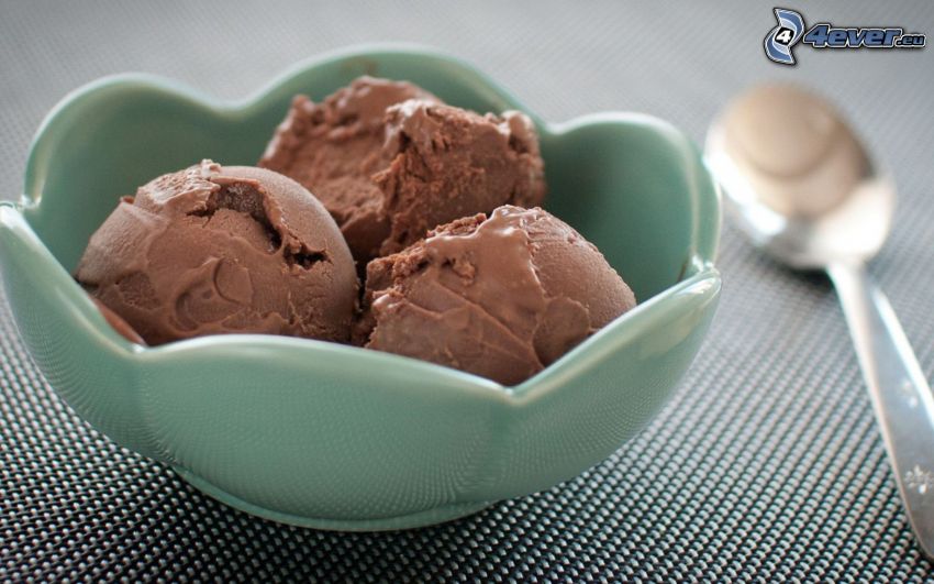 helado de chocolate, tazón, cuchara