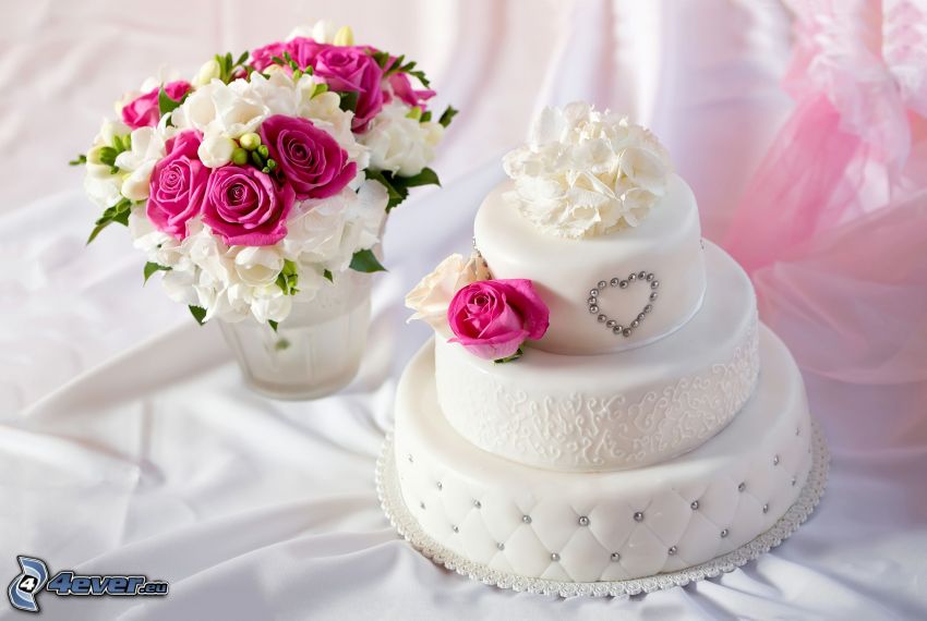 pastel, ramo de la boda, rosas rosas