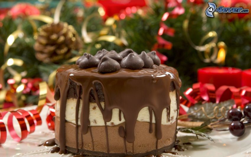 pastel de chocolate, adornos navideños