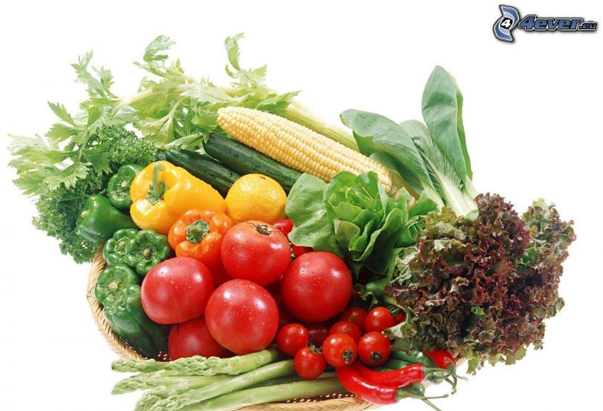 verduras, tomates, tomates cherry, pimientos, ensalada, maíz, pepinos