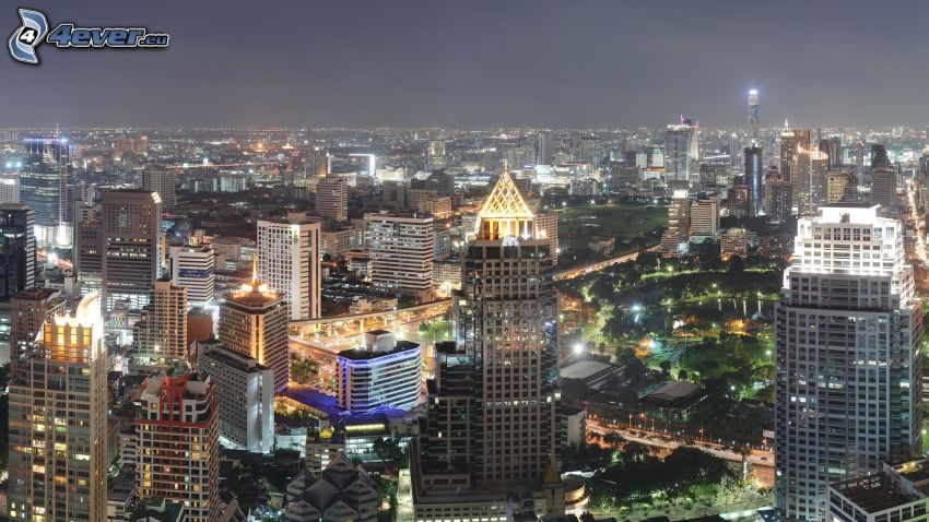 Bangkok, rascacielos, ciudad de noche