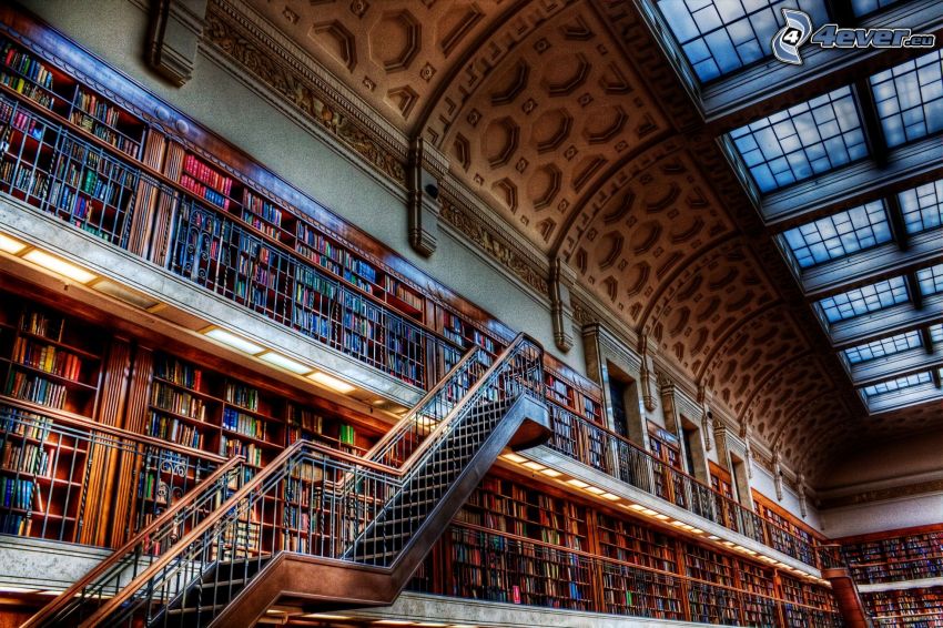biblioteca grande, escalera, HDR