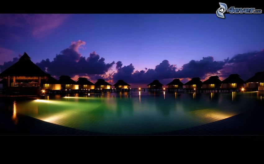 casitas, Maldivas, atardecer, iluminación