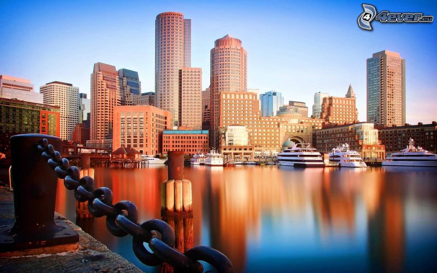 Boston, río, rascacielos, naves