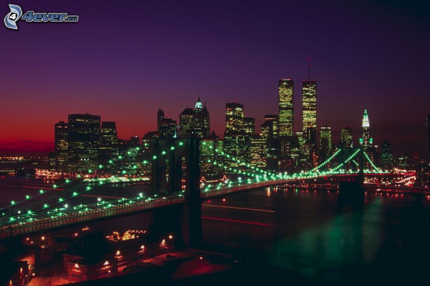Brooklyn Bridge, Manhattan, New York, ciudad de noche, puente iluminado