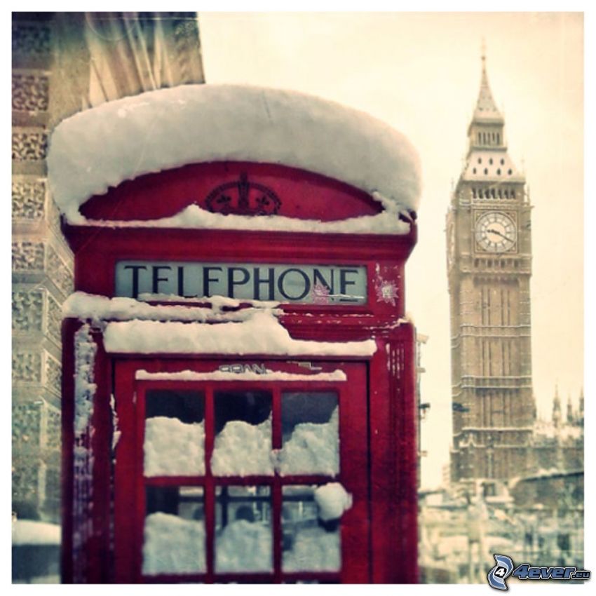 cabina telefónica, Big Ben, nieve