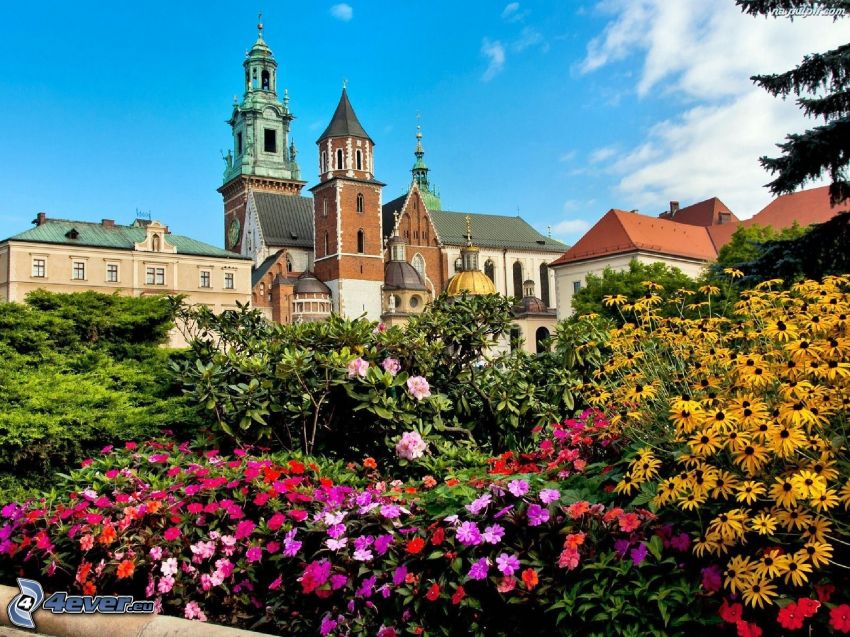 Castillo de Wawel, Cracovia, flores de colores