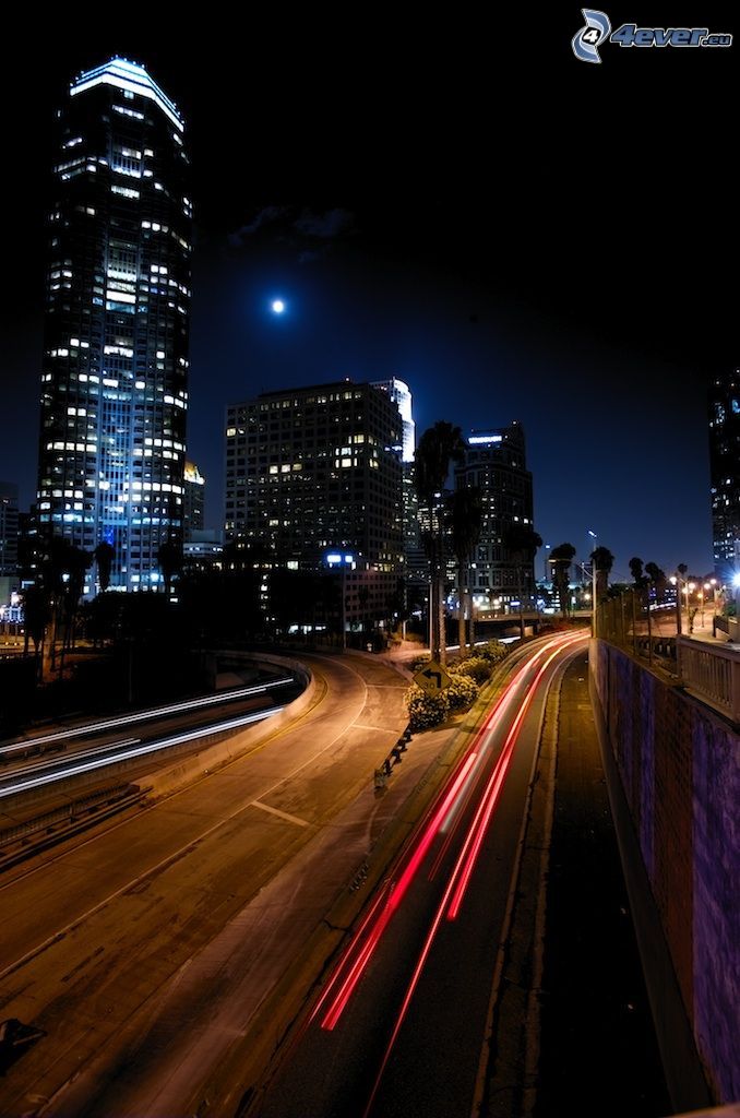 Centro de Los Ángeles, ciudad de noche, transporte, rascacielos