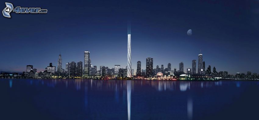 Chicago, ciudad de noche, rascacielos, reflejo