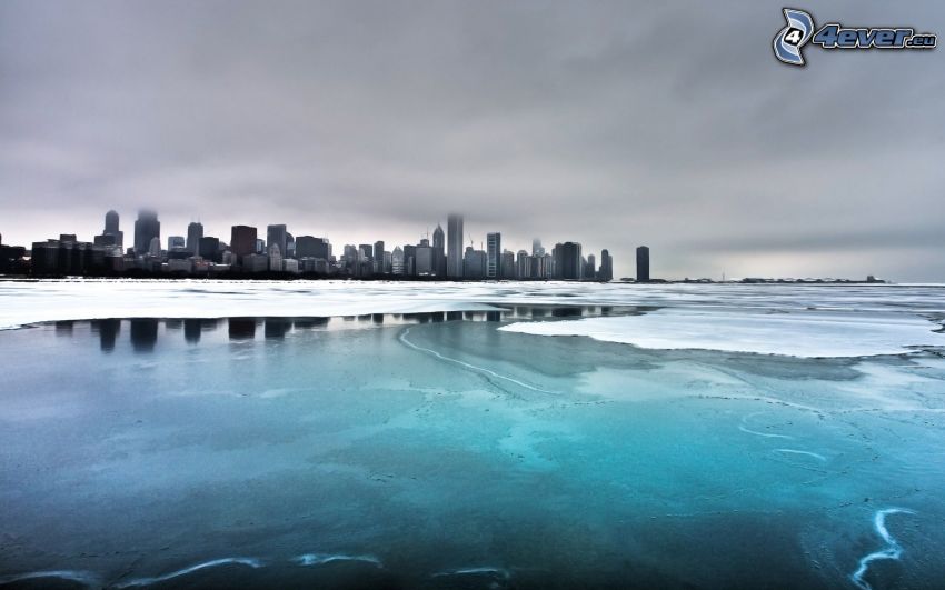 Chicago, lago congelado, niebla, Lago Michigan