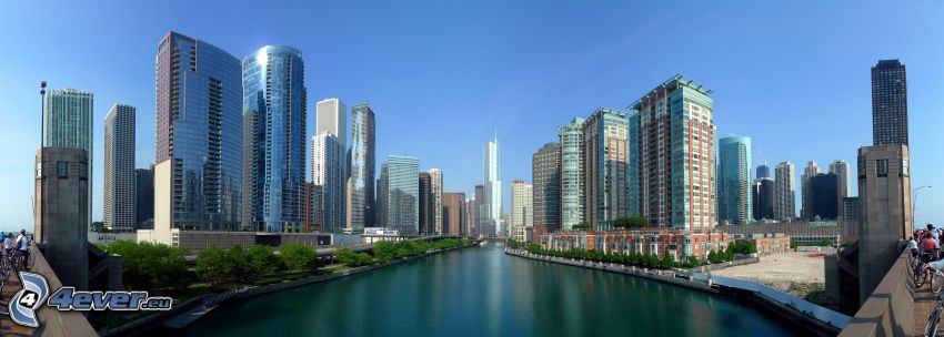 Chicago, rascacielos, panorama, canal fluvial