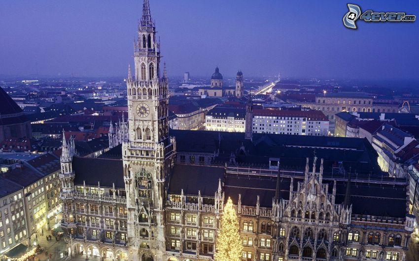 edificio histórico, Múnich, Alemania, atardecer, iluminación